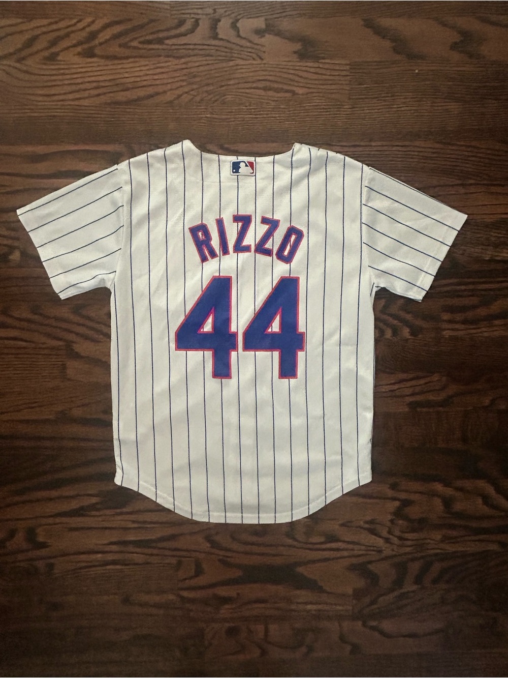 Majestic White Pinstripe Rizzo #44 Youth Baseball Jersey with Blue-Red Trim - Picture 6 of 9
